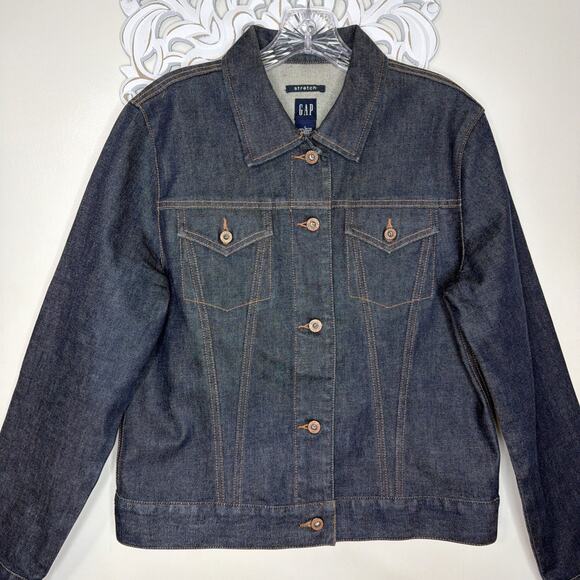 GAP Denim Stretch Jacket Women's size LARGE Made in Hong Kong Dark Wash Blue - Picture 3 of 12